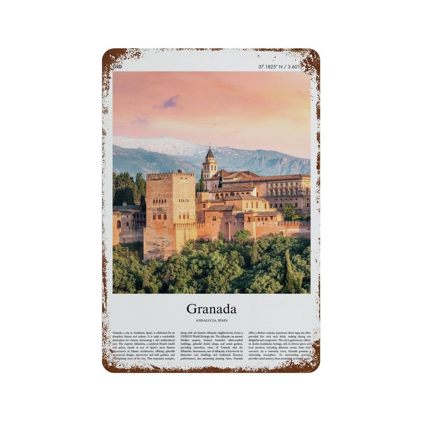 xiaoxiaoshen Granada Andalucia, Spain City Scenery Wall Decor Art Metal Tin Poster Modern Home Decor Art Home Bar Shop Decorations Vintage Sign 30x20cm