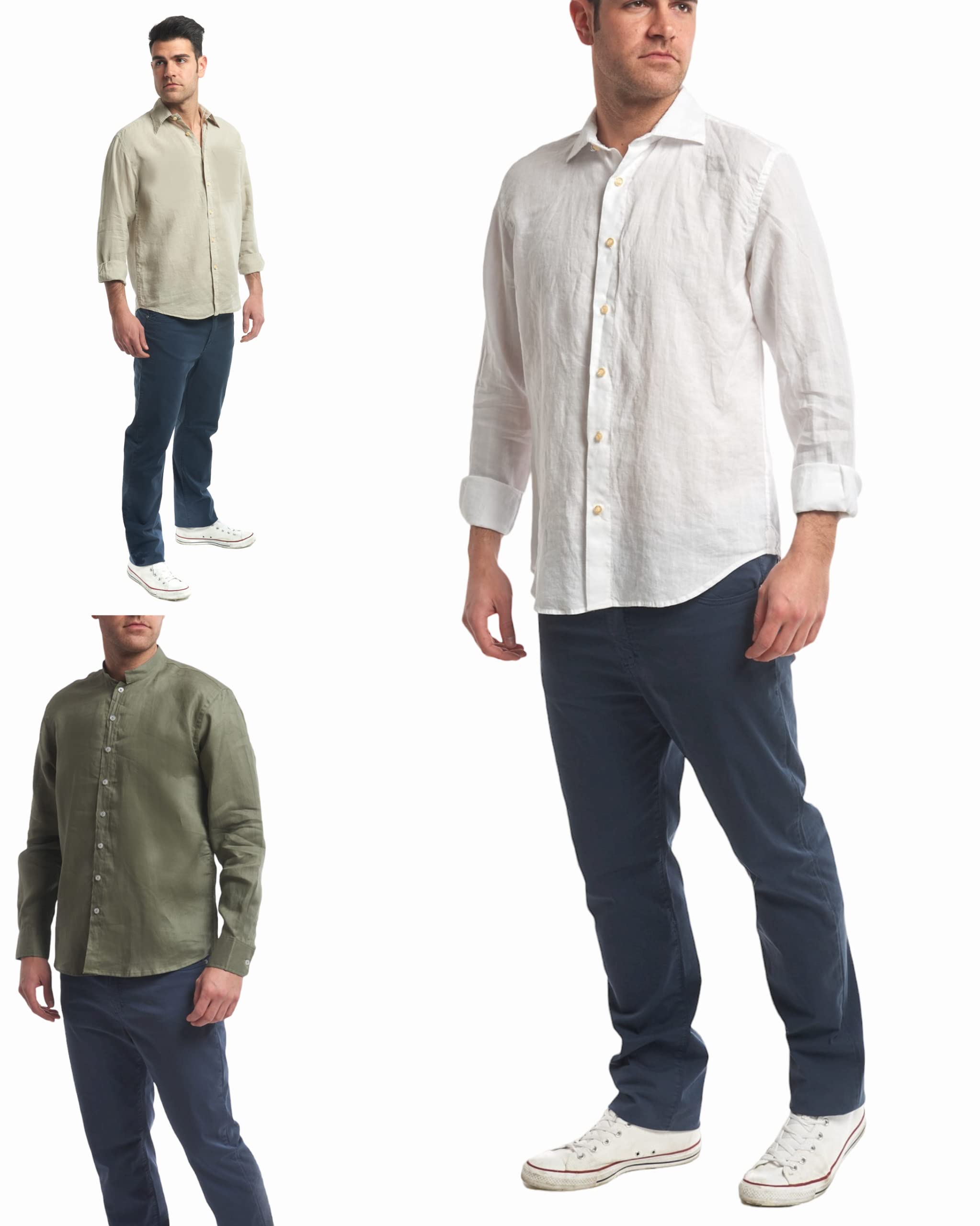 Camicia di Puro Lino Uomo, Collo Classico, Manica Lunga, Abbigliamento Uomo, Stagione Estiva, Bianco, Celeste, Avio, Beige, Blu, Verde dalla S alla XXXL