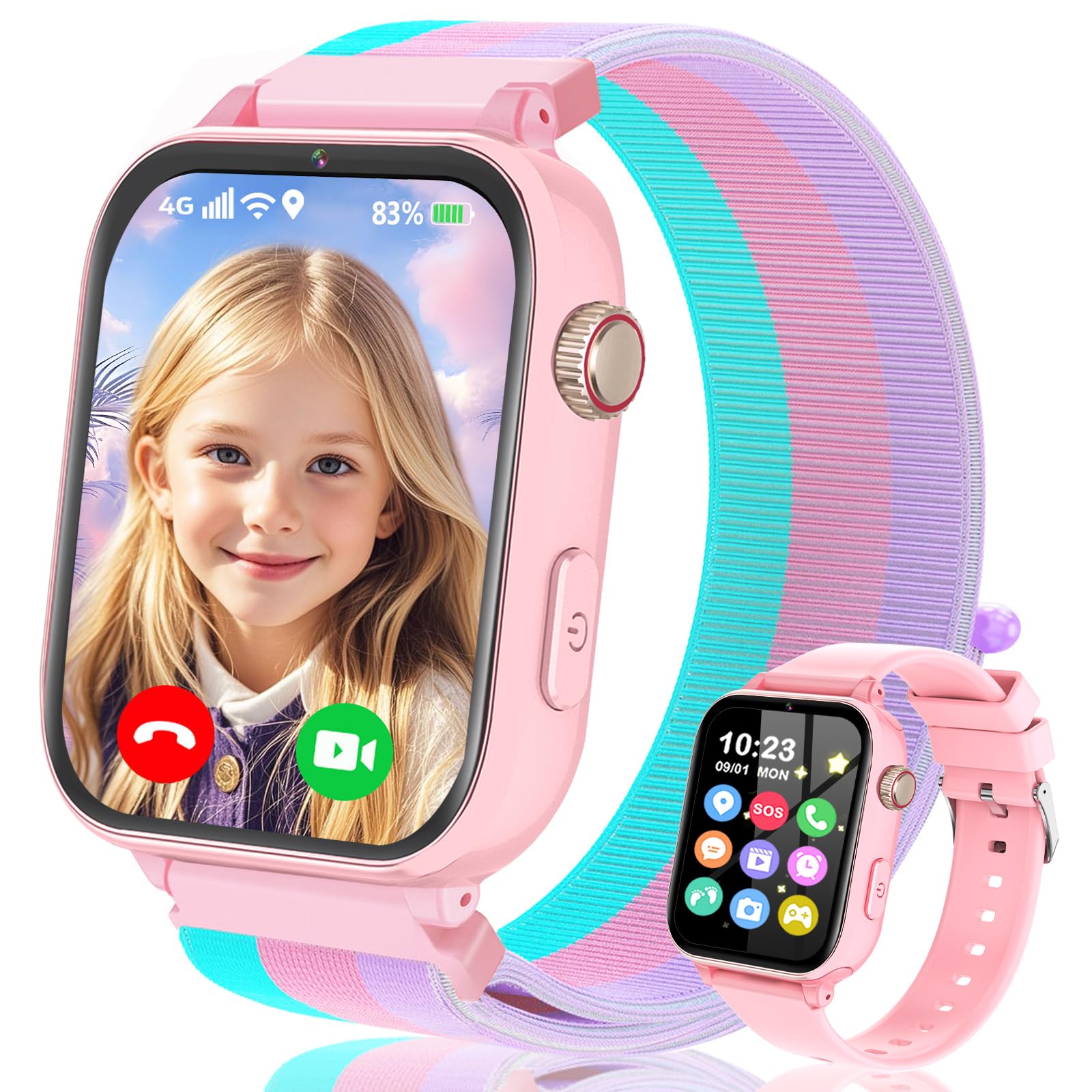 4G Reloj Inteligente Niños, Smartwatch para Niño Niña con GPS, SOS, Teléfono/Videollamadas/Chat Voz, Modo Escuela, Podómetro, Juegos, Relojes Teléfono Regalos para Infantil 4-12 (Rosa)