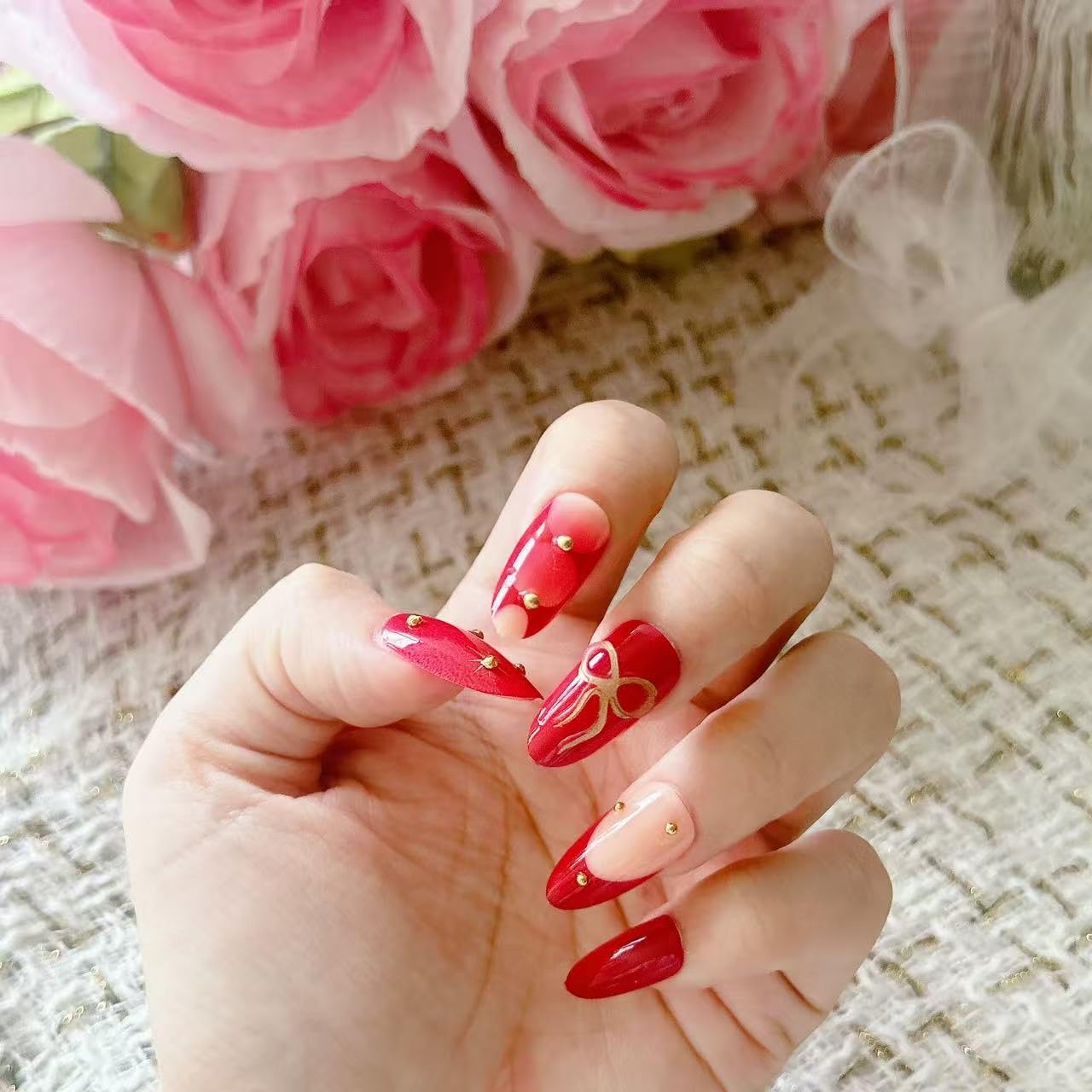 Press on Nails Bow Red Heart Design - Glossy Acrylic Tips
