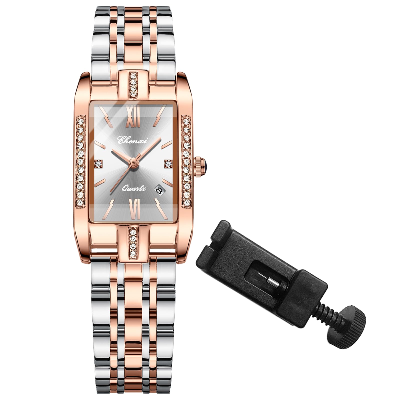 OIDEA Rechteckige Analoguhr für Damen: Quarzuhr mit Strasssteinen für Damen, Armband aus Edelstahl, abnehmbar, für Freizeit, Business, Geschenk