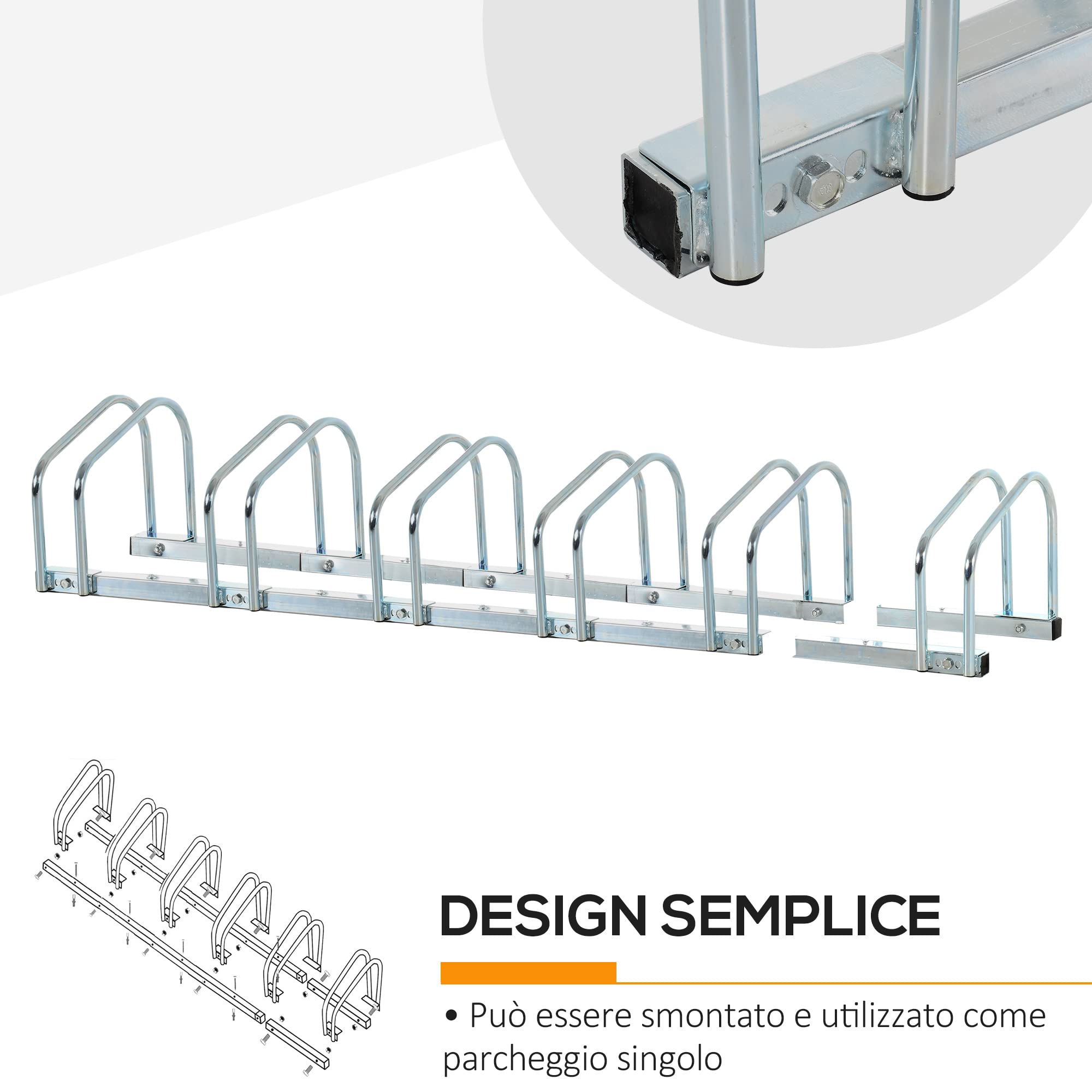HOMCOM Rastrelliera Biciclette da Pavimento o Parete, Portabici da Terra per 6 Biciclette in Acciaio, Ruote Fino 65 mm, 179x33x27 cm, Argento