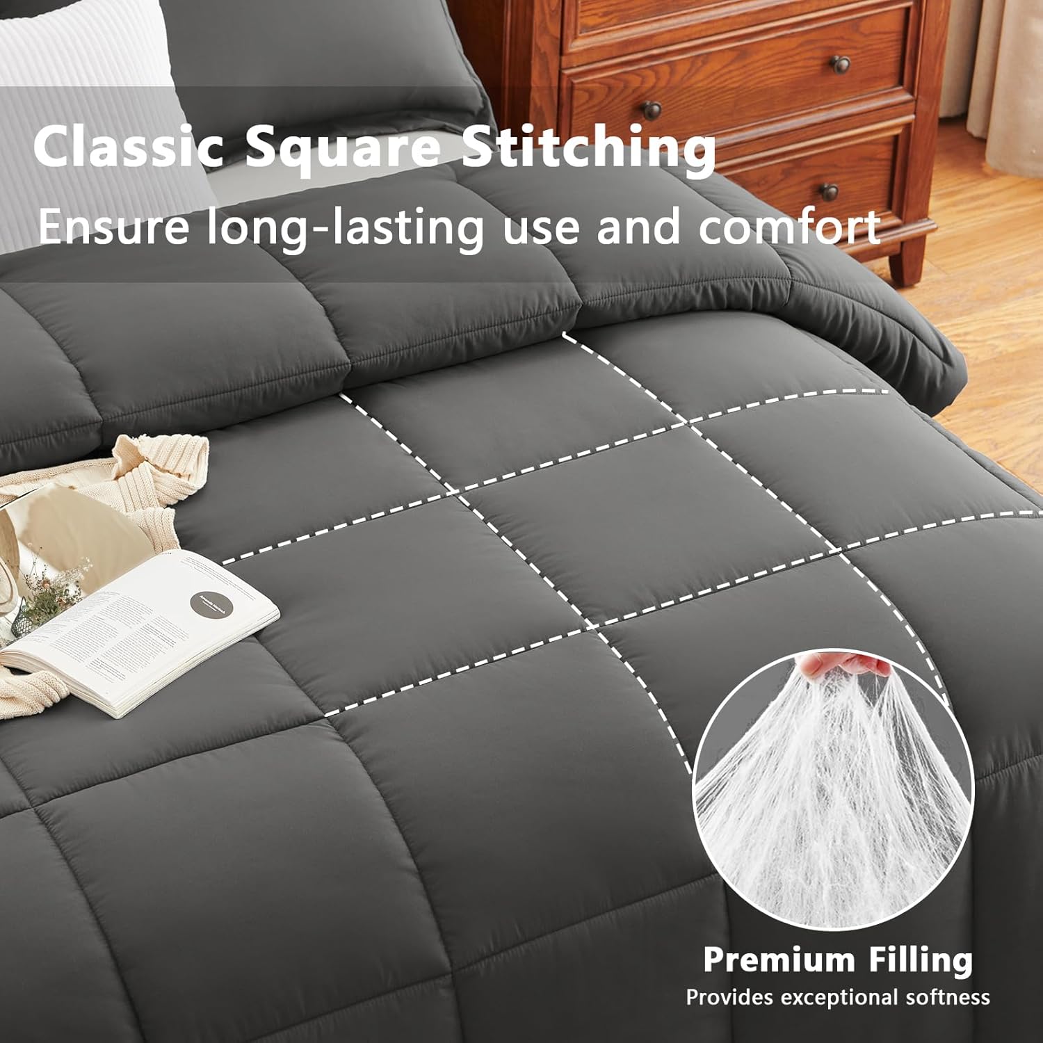 CozyLux Queen Comforter Set - Dark Grey Comforter Queen Size, 3 Pieces Box Stitched Bed Set for All Seasons, Soft Lightweight Bedding Sets with 1 Down Alternative Comforter and 2 Pillow Shams - Image 2