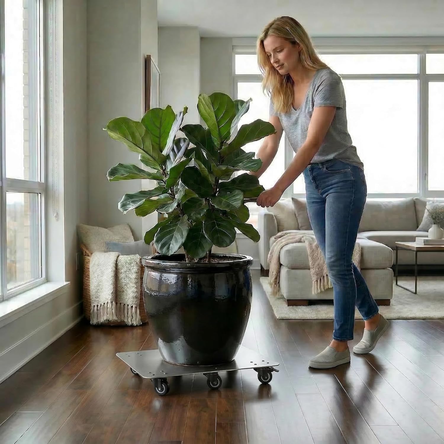 Heavy Duty Stainless Furniture Dolly - 16x12 In Platform，6 Swivel Casters with 4 Locking Brakes, 1000 LBS Capacity, Non-Scratch Rubber Wheels, Warehouse, Cabinet，Toolboxes