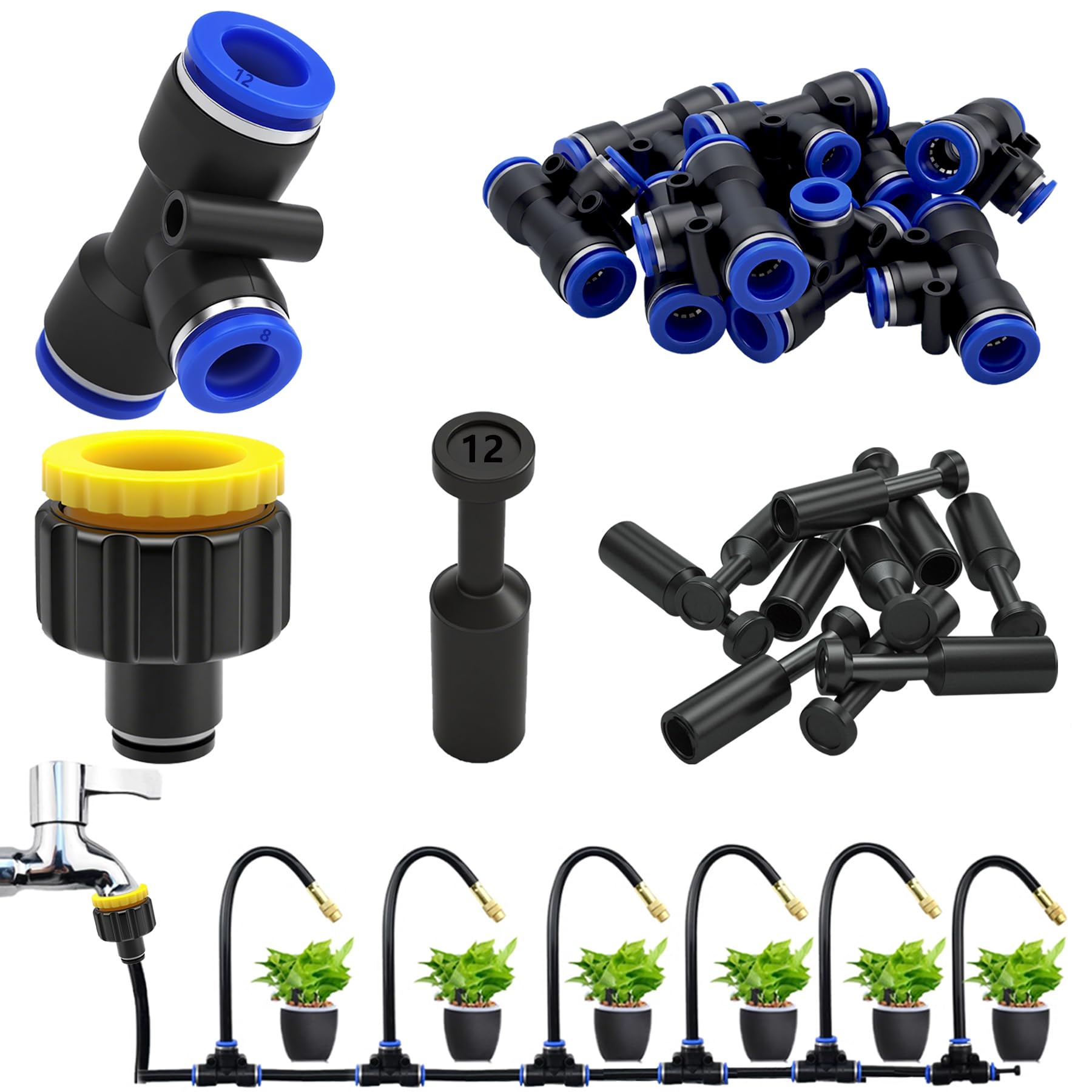 CESFONJER Tee Type Quick Connect Irrigation, Plastic 12 to 8mm Reducer Tee Connector Quick Connector Fitting for Watering Irrigation Lawn Terrace Garden System
