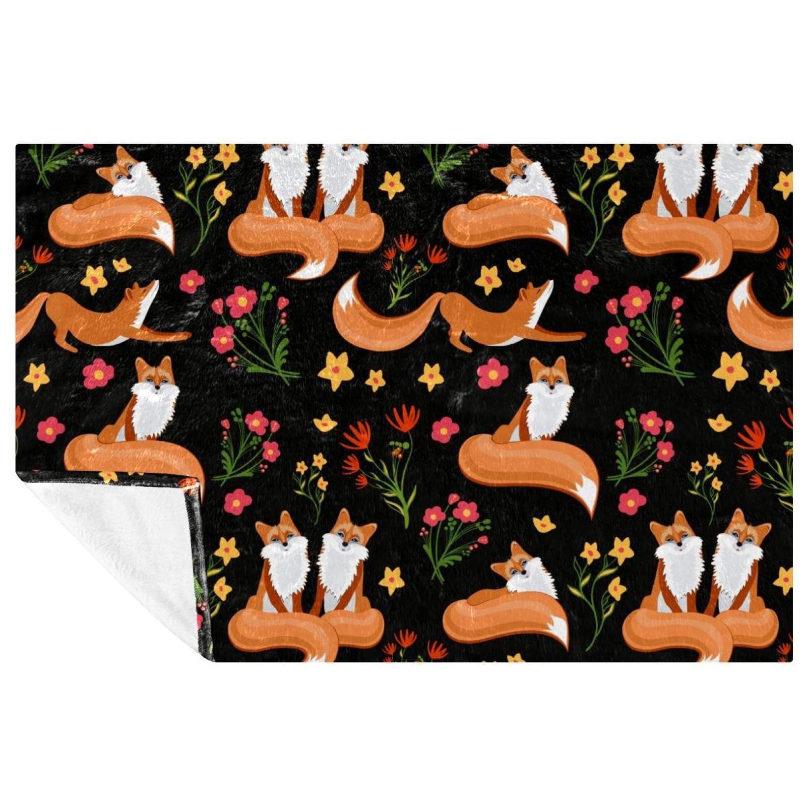 Couverture jeté de lit renard et fleurs 150x100 cm plaid doux canapé et camping