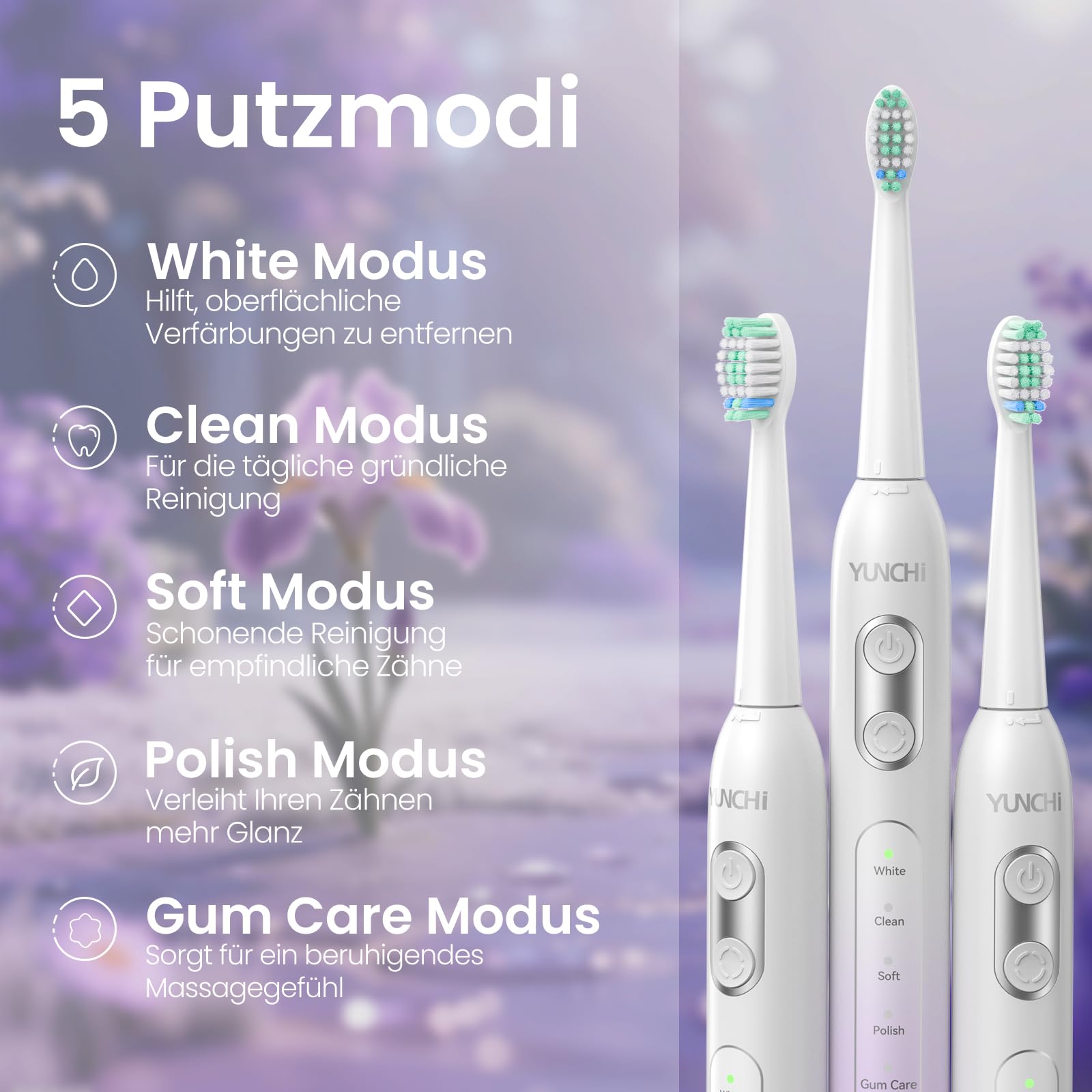 YUNCHI C2 Brosse à dents électrique, 40 000 VPM, sonique, pour adultes et enfants, charge USB-C, autonomie de la batterie de 30 jours, 5 modes de brossage, minuterie de 2 minutes, 8 têtes de brosse