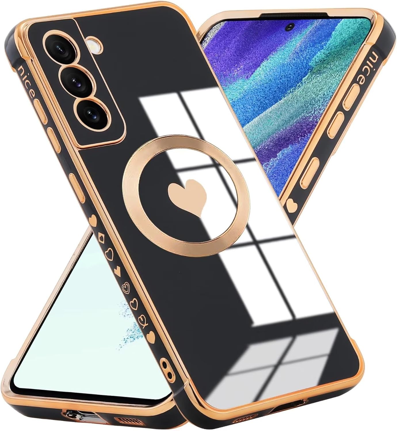 Etui do Samsung Galaxy S21 5G,Wzór w Kształcie Serca Błyszczący Ocynkowane TPU Etui Kompatybilne z MagSafe,Zderzak przeciwupadkowy,Pani Silikonowe Case Cover,Czarny