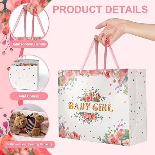 Miniatura 3 de Bolsa de regalo floral rosa grande de 13 pulgadas para bebé, incluye papel de regalo, papel de seda rosa y tarjeta para regalos de recién nacidos,