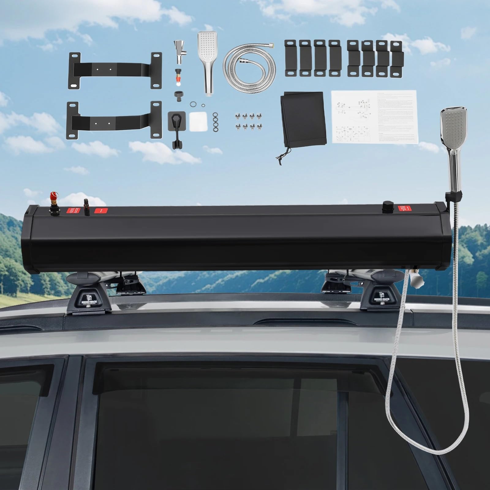 Roof Rack Mount Road Shower, 1.6Bar Pressurized Water Tank, 1.5m Water Pipe & Shower Headt, Portable Camping Shower Water Storage, for Vehicle Truck SUV Sedan RV(18L)
