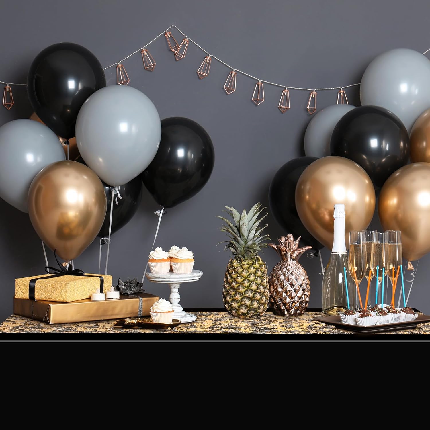 Peryiter 8 Pcs Polyester Rectangle Tablecloth 60 x 102'' and Sequin Gold Table Runner, Decorative Fabric Waterproof Table Cover Set for Christmas New Year Wedding Dinner Anniversary Party (Black)