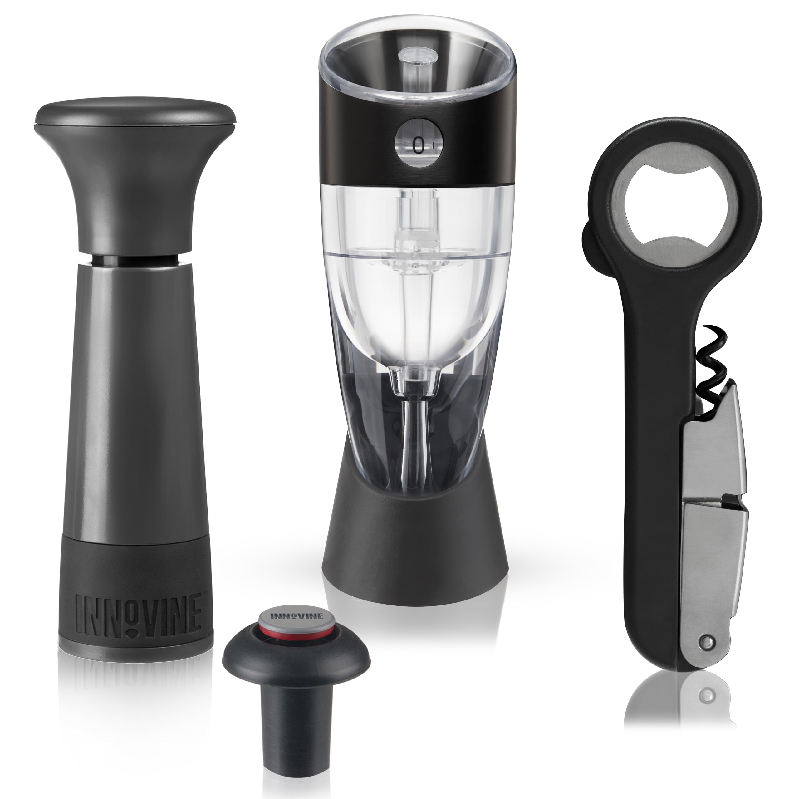 Innovine Red Wine Pro 4-teiliges Weinwerkzeug-Geschenkset - Verstellbarer Weinbelüfter mit Ständer, Doppelscharnier-Korkenzieher & Vakuum-Weinsparer mit Stopper - Komplettes Rotweinöffnungs