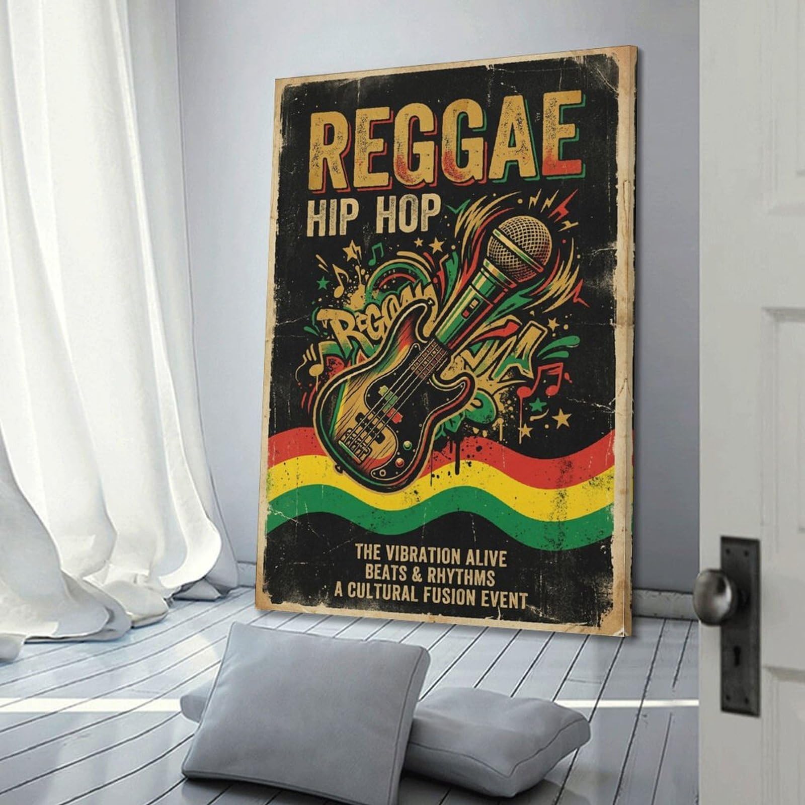 XKUGA Stampa su tela decorativa moderna con musica reggae, hip hop, microfono e basso, decorazione artistica da parete ideale per la famiglia, la grotta degli uomini, la sala giochi, la camera da
