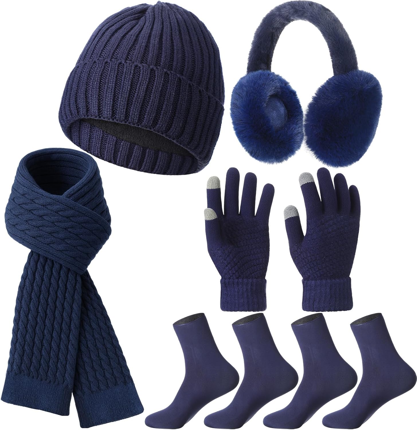 Geyoga 6 Pcs Winter Warm Set for Women Warm Beanies Hats Touchscreen Gloves Long Scarf Ear Muffs Socks Winter Gifts for Women