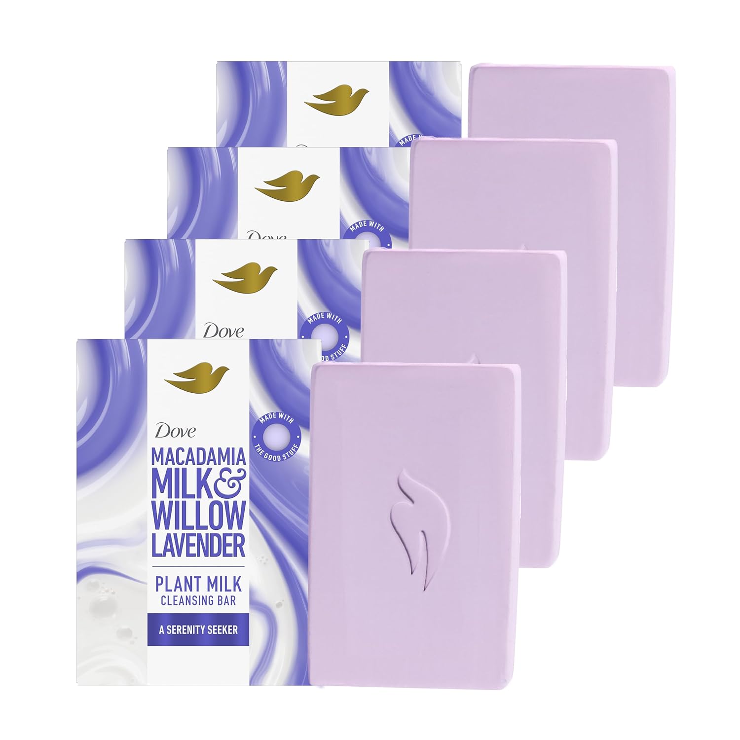 Dove Plant Milk Cleansing Bar Soap Macadamia Milk & Willow Lavender Serenity Seeker 4 Count for Moisturized Skin Gentle Cleanser, No Sulfate Cleansers or Parabens, 98% Biodegradable Formula 5 oz Dove Plant Milk Cleansing Bar Soap Macadamia Milk & Willow Lavender Serenity Seeker 4 Count for Moisturized Skin Gentle Cleanser, No Sulfate Cleansers or Parabens, 98% Biodegradable Formula 5 oz