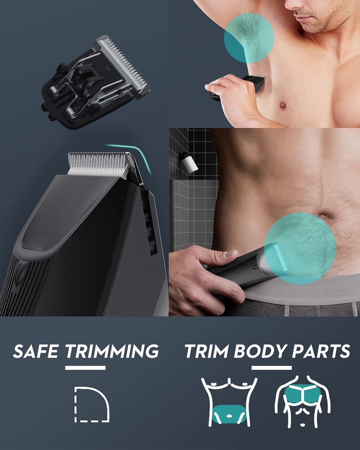 Diagram showing the Kibiy Body Hair Trimmer being used for safe trimming on underarms and groin area.