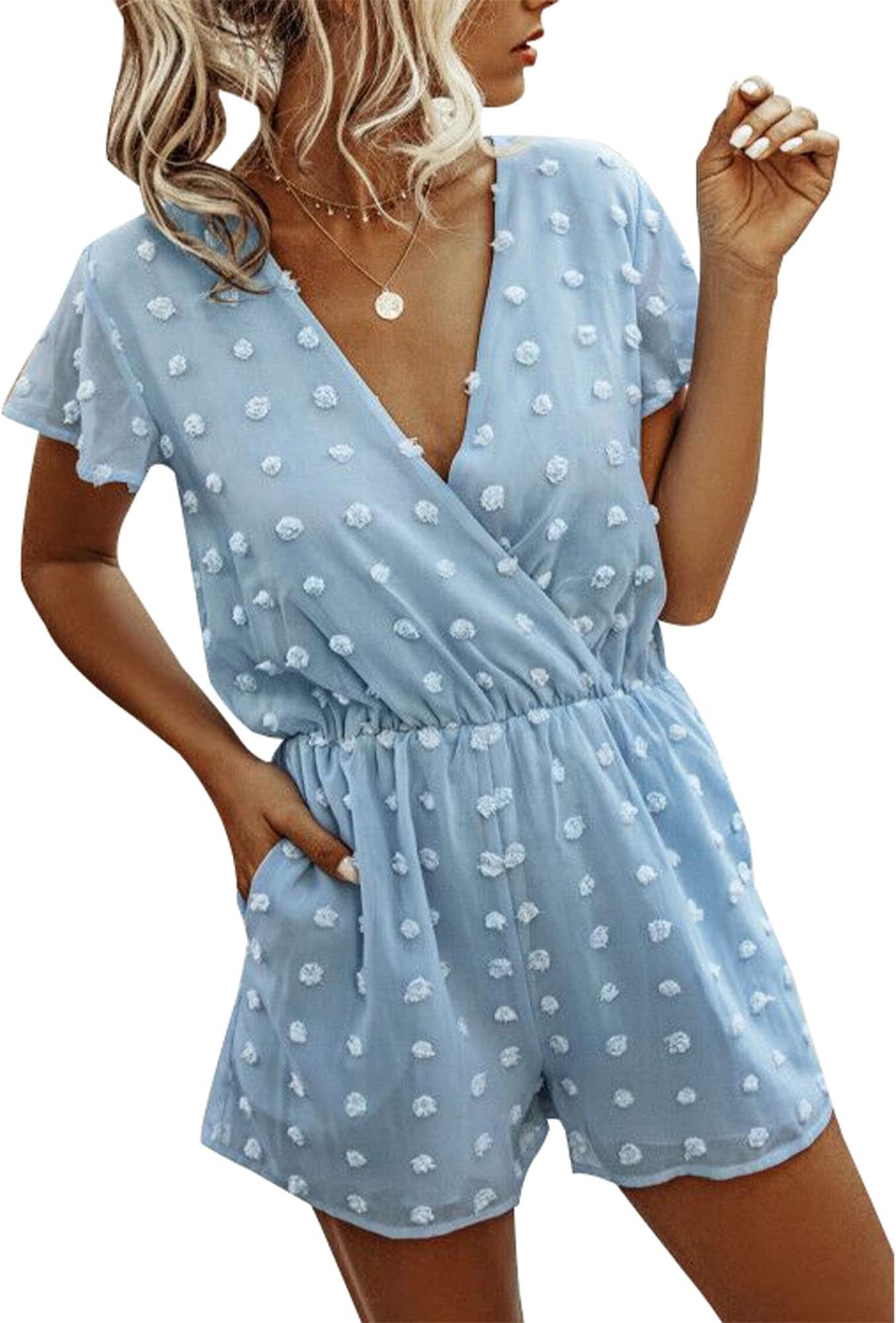 BTFBM Women 2024 Summer Fashion V Neck Wrap Rompers Swiss Dot Pocketed Elastic Waist Short Sleeve Beach Shorts Jumpsuit(Blue, Small)