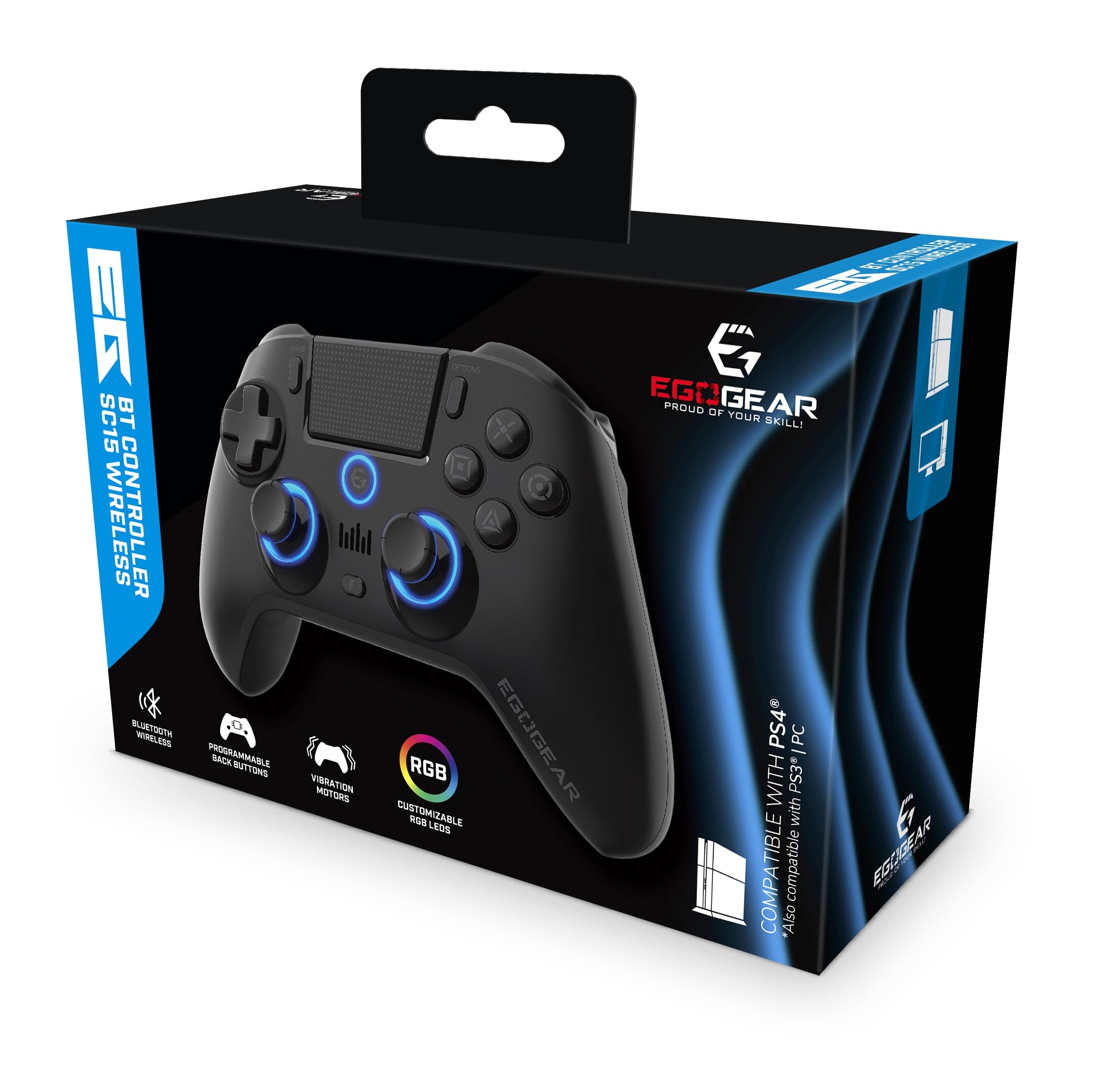 EgoGear - Manette Gaming à palettes sans fil Bluetooth SC15 Noire pour PS4/PS3/PC, RGB personnalisables, Moteurs de vibrations, Port jack 3.5mm, 800 mAh