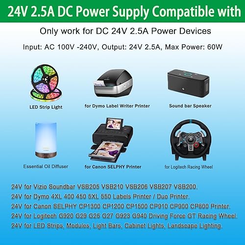 Miniatura 4 de Gonine Adaptador de fuente de alimentación de 24 V 2.5 A, CA 100-240 V 50-60 Hz a 24 V CC 2.5 amperios transformador para 24 voltios 0.1A ~ 2.5A 1A