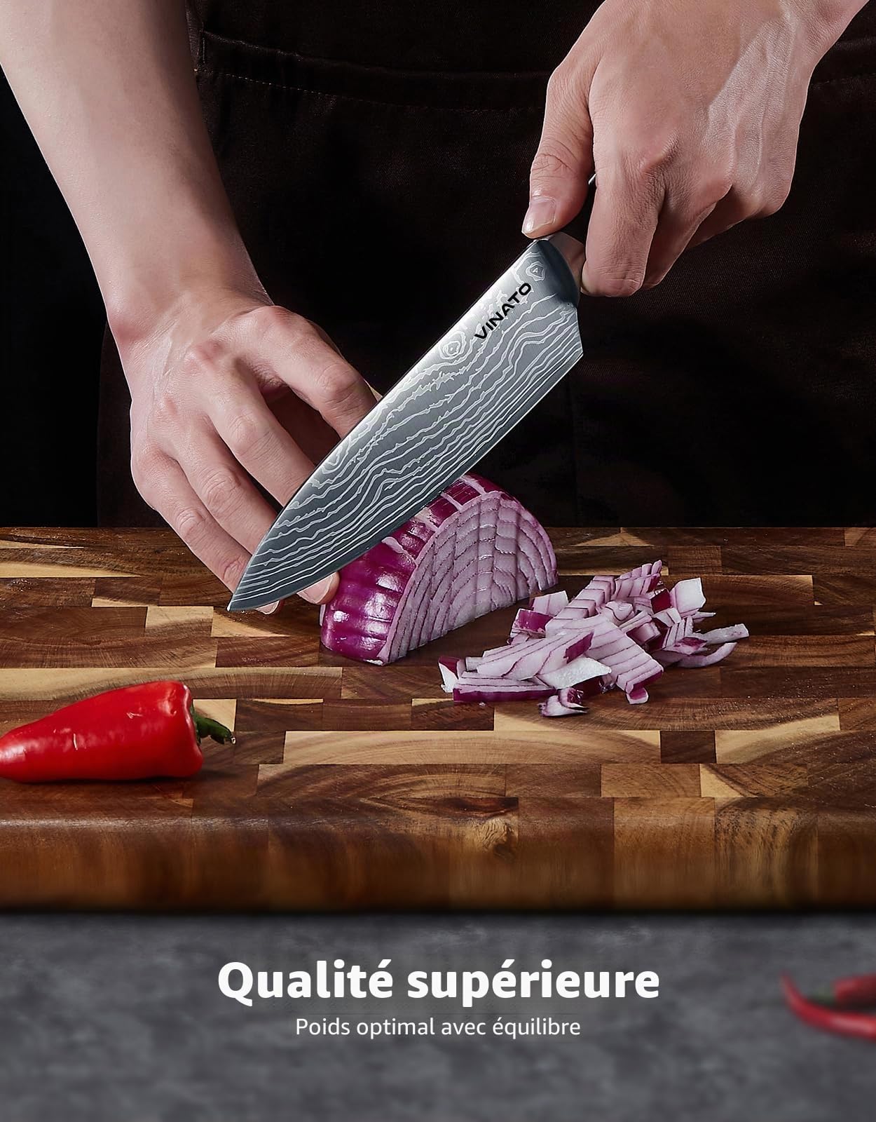 VINATO Set de Couteaux de Cuisine 14 Pièces avec Aiguiseur Intégré – Bloc à Couteaux en Bois avec Lame Damassée – Couteaux Professionnels Très Tranchants – Cadeau Cuisinier