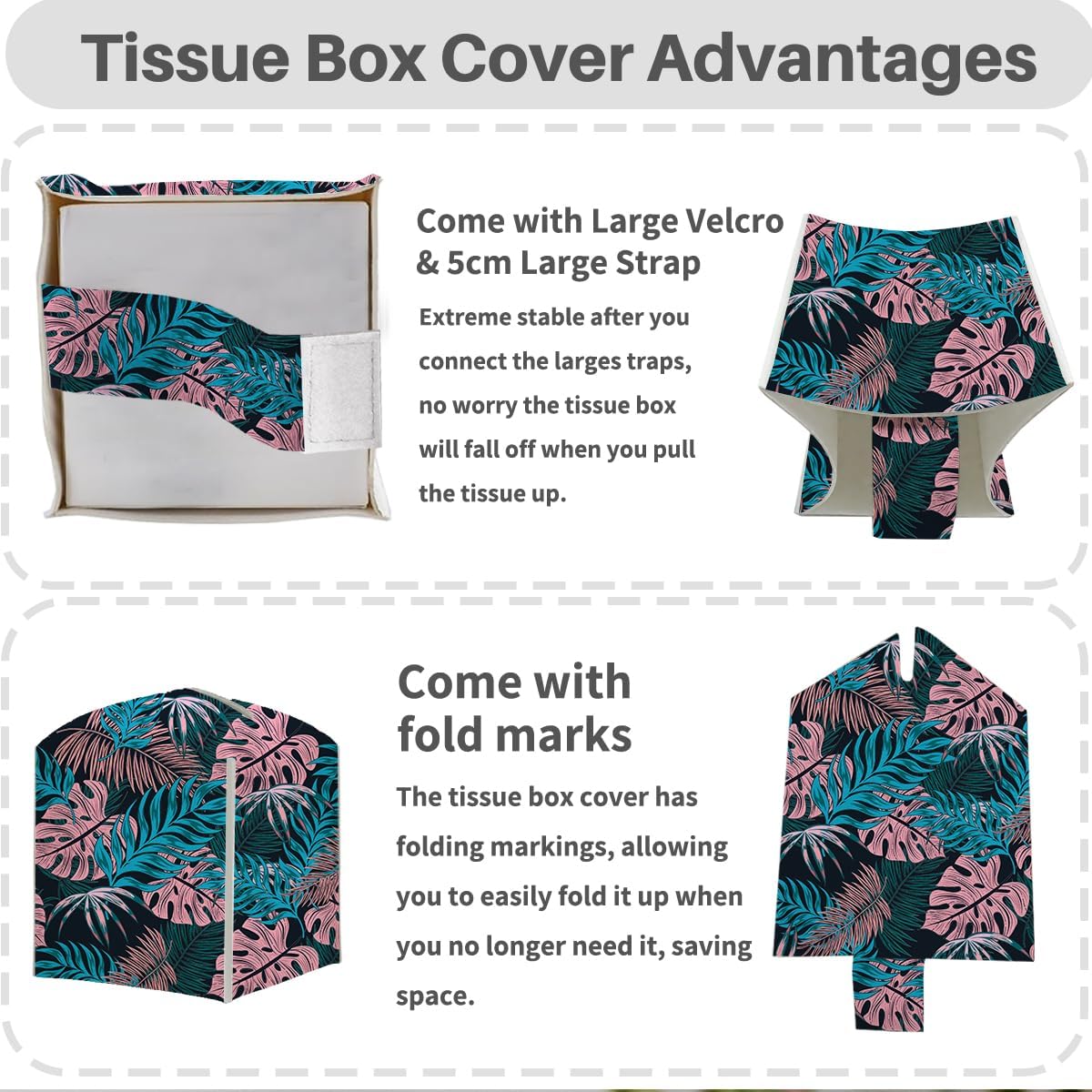 Tissue Box Cover, Tissue Box Holder, Square with Belt Bottom, PU Leather Decorative Organizer for Desk, Tabletop,Bathroom, Toilet Car, Office, Dresser Bedside, Aesthetic Tropical Leaves Decor image 3