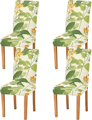 Juego de 4 fundas decorativas para sillas de comedor con hojas verdes y flores amarillas para sala de estar para ceremonia, extraíbles para eventos,