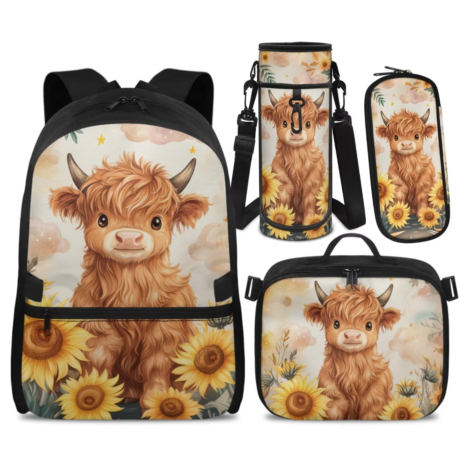 Cugasmaru Cow Print Backpack and Lunch Box Set Sunflower Backpack for Kids Back to School Large Capacity Girls Backpacks Ages 8-10 Lightweight