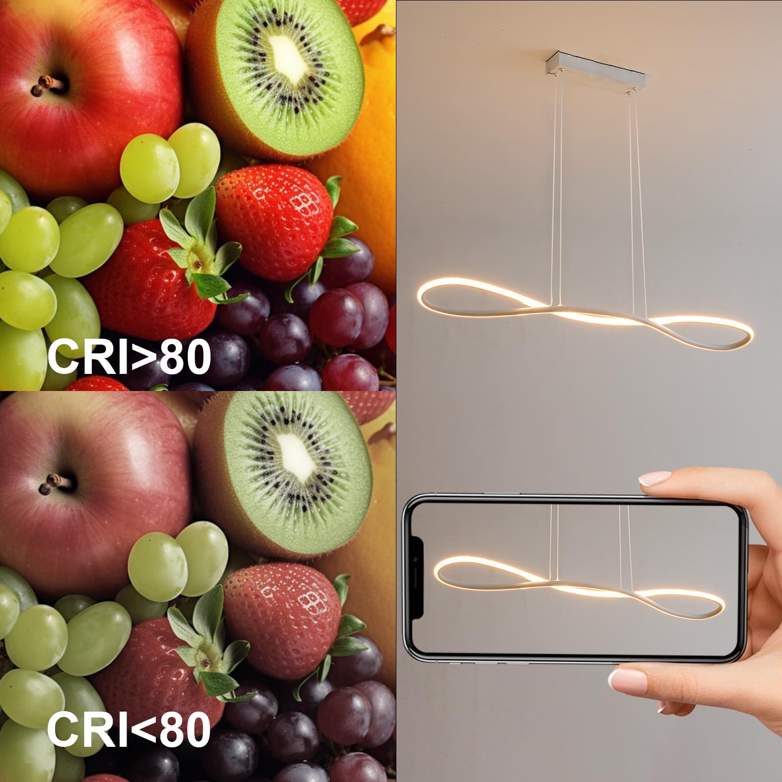 Lampada a Sospensione Moderna a LED, Lampada da Cucina da 90 cm Dimmerabile, Lampada a Sospensione Regolabile in Altezza per Soggiorno, Lampadario Camera da Letto da 32W(Bianco)