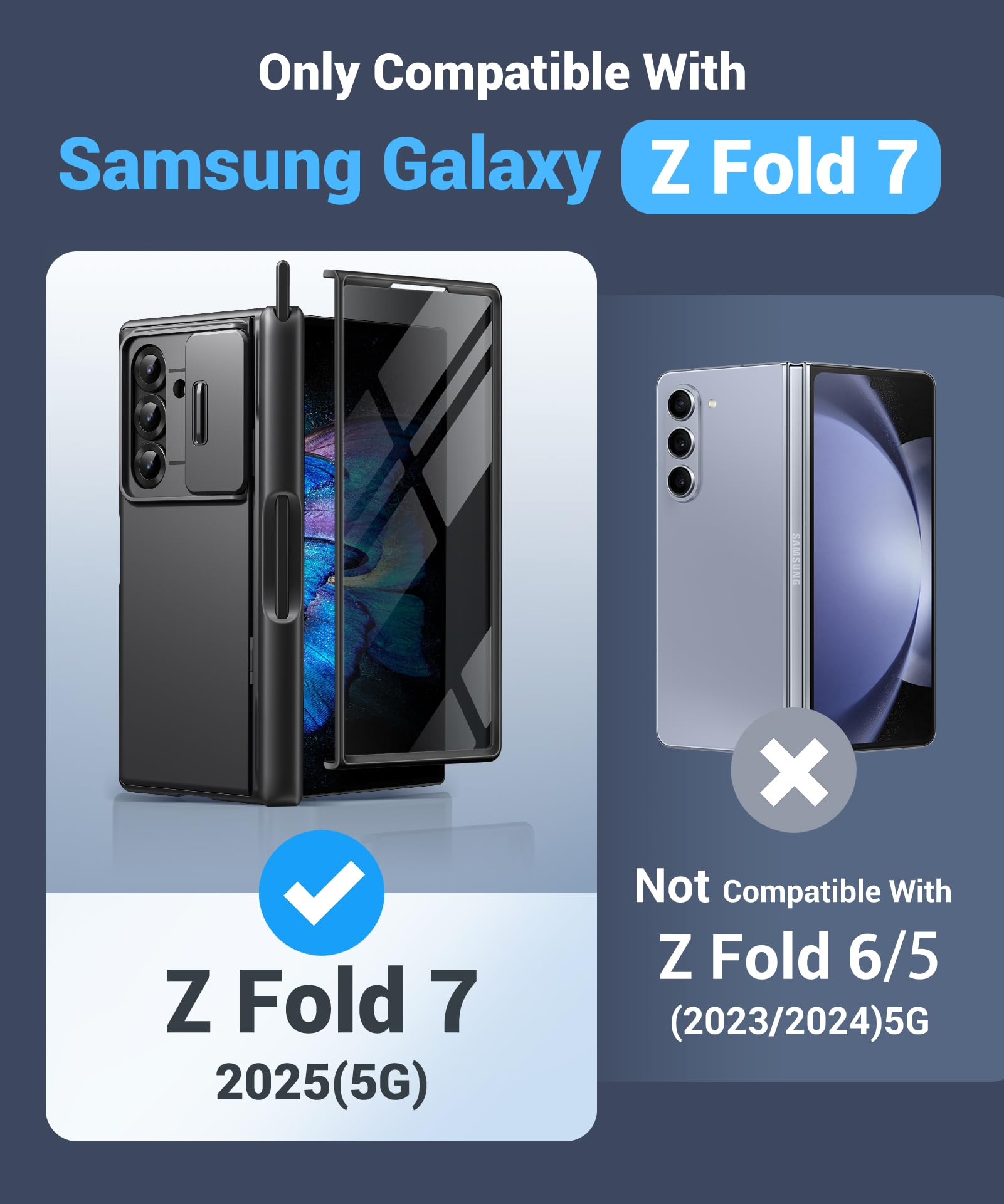 BERFY Custodia per Z Fold 7 con pennino e portapenna, [anti spia] cavalletto nascosto e custodia per fotocamera scorrevole e protezione per cerniera, custodia rigida antiurto sottile per Samsung