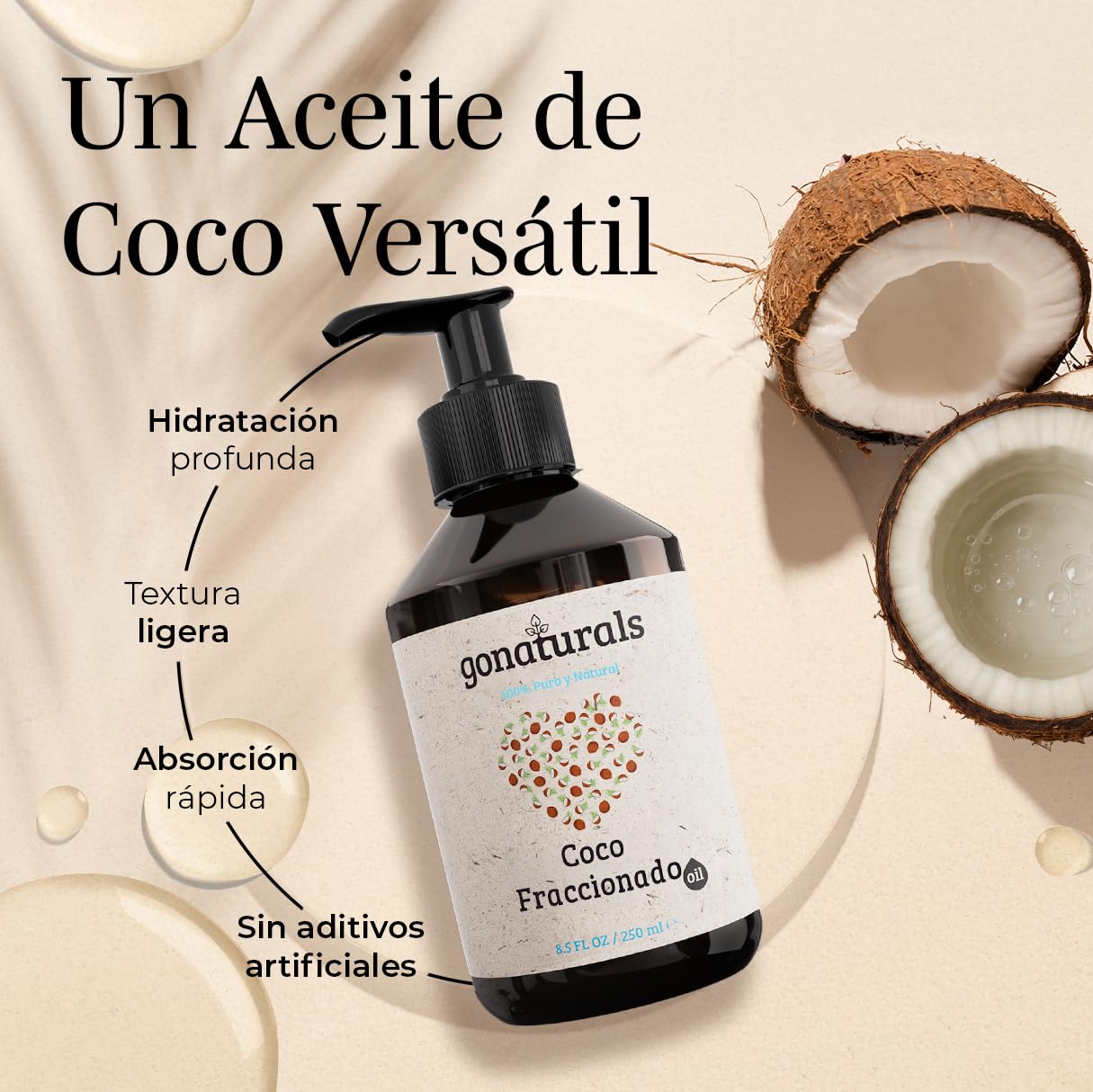 GoNaturals Aceite de Coco Fraccionado 250ml 100% Puro Hidrata Piel Cabello Uñas Desmaquillante Natural