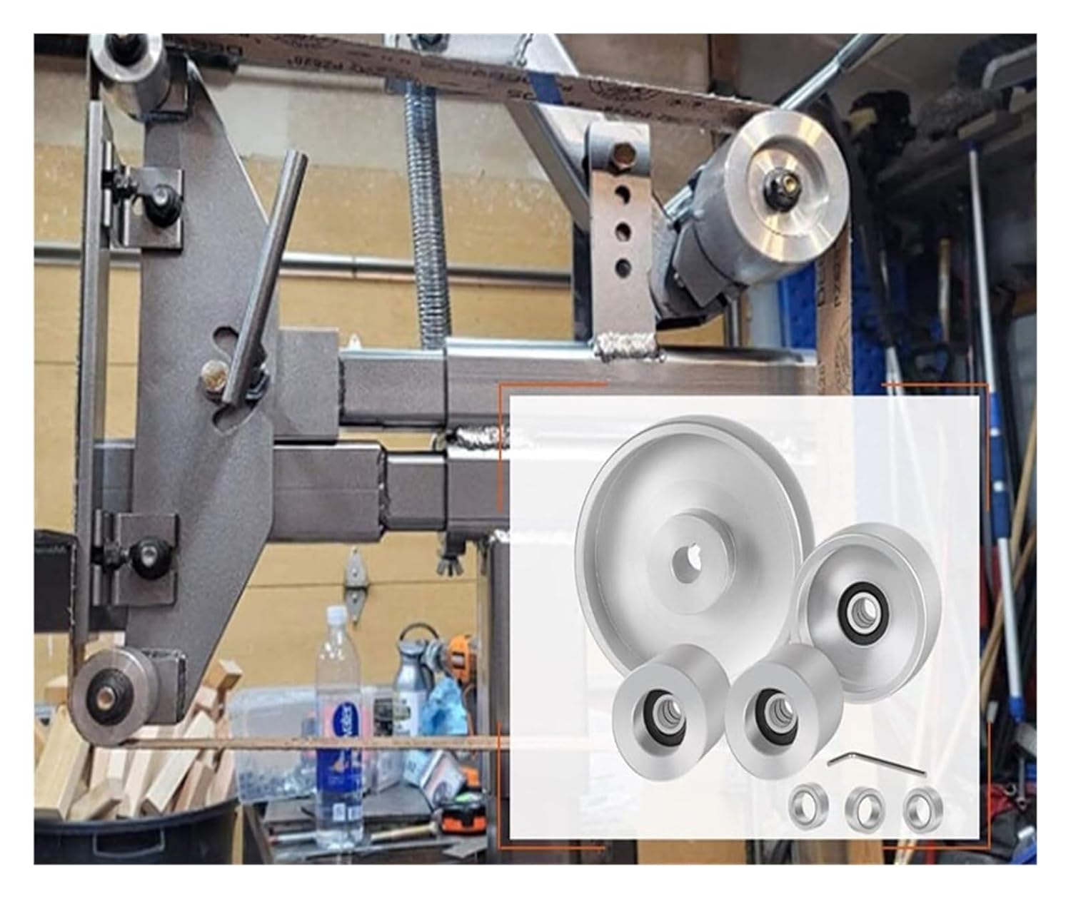 Aluminum Wheel Crowned Belt Grinder 2" x 72" Bearing Set with 5" Drive & 5/8" Bore & 3" Track & Idler for Knife