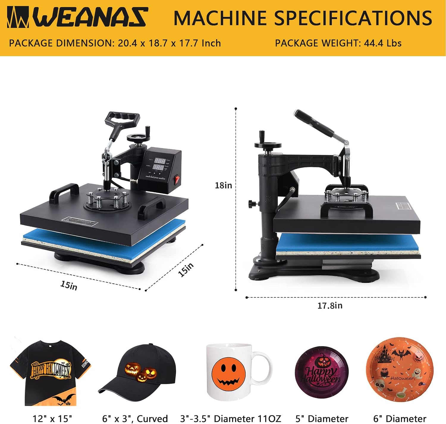 WEANAS Heat Press Machine 15x15, Heat Transfer Machine with Professional Swing Arm, Digital Sublimation 5 in 1 for T-Shirt, Mug, Hat, Plate, Cap