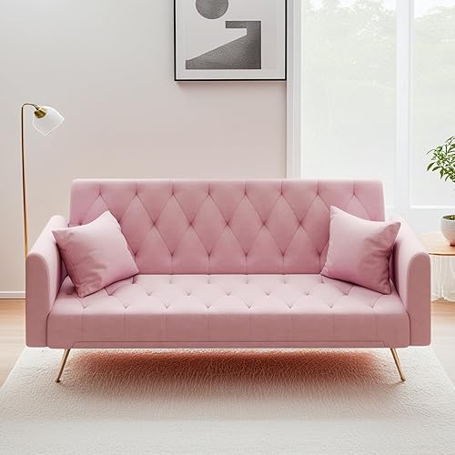Miniatura 62 de Sofá cama moderno de terciopelo de 72 pulgadas, sofá cama plegable convertible con 3 respaldos ajustables, asiento reclinable copetudo con patas