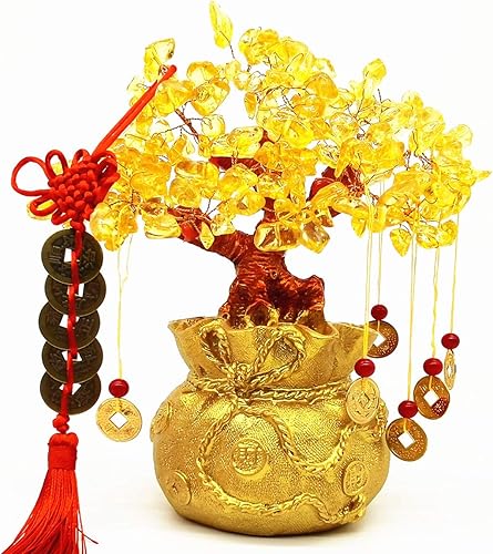 Miniatura 10 de Colorsheng Árbol de cristal de cuarzo amarillo Feng Shui, decoración de árboles de dinero estilo bonsái para suerte y riqueza (macetas de dragón)