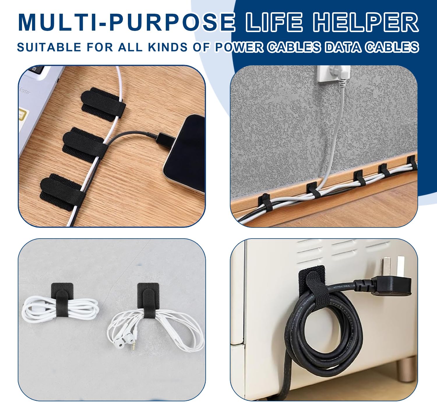 50 Clip Autoadesive per Gestione Cavi Sotto Scrivania - con Sistema Gancio e Anello, Riutilizzabili, Regolabili, per PC, TV, Ufficio e Casa, Installazione Senza Trapano (Black)