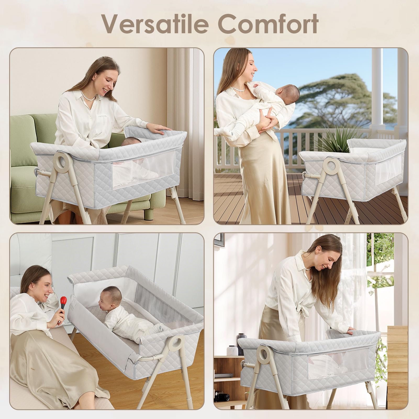 Beistellbett Baby, 3-in-1 Beistellbett, Babybett für Neugeborene mit atmungsaktivem Netz, höhenverstellbar & neigbar, inkl. Matratze, für Zuhause & unterwegs, Hellgrau | 4 Auto-Lock Räder