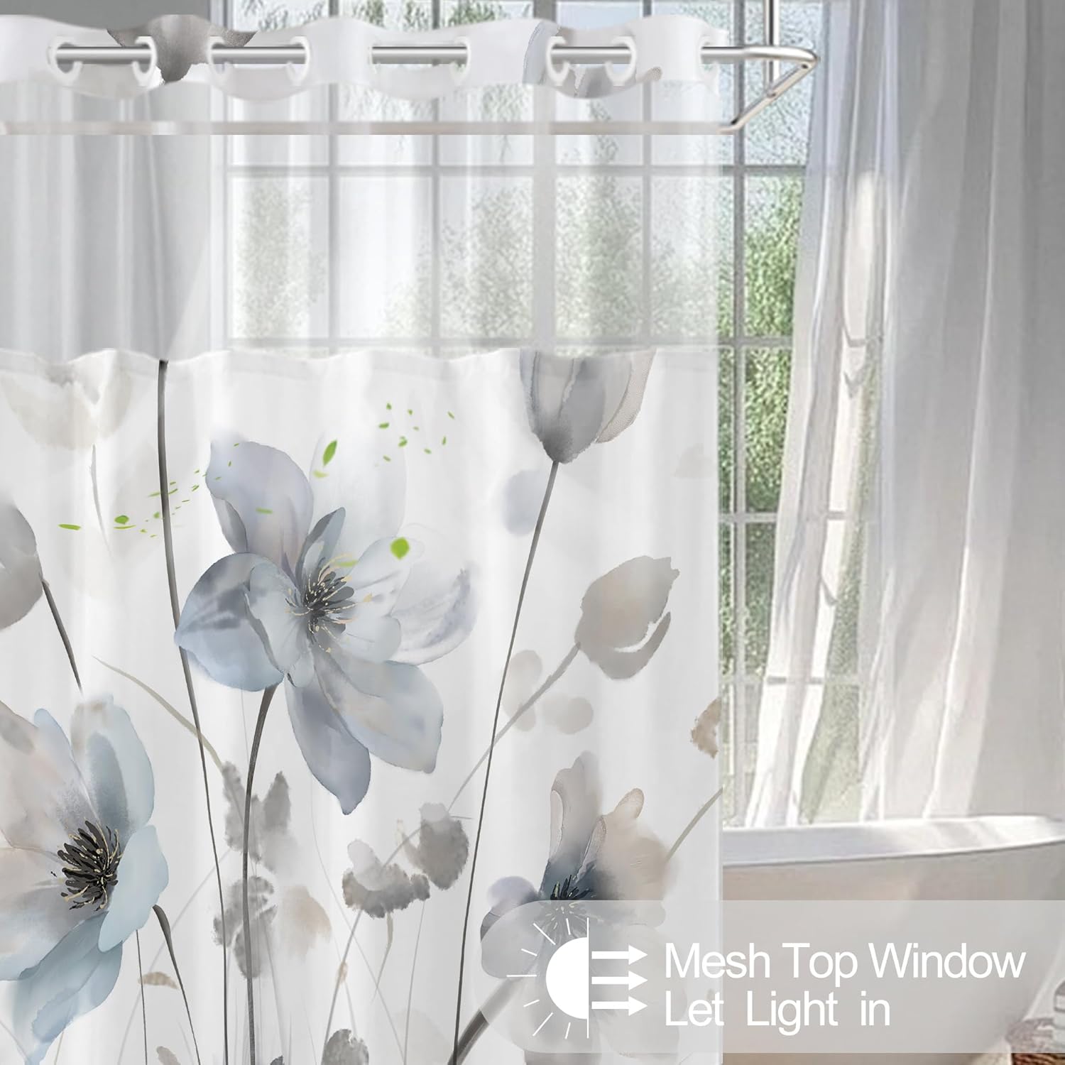 No Hook Shower Curtain and Liner Set, Blue and Grey Boho Floral Shower Curtains for Bathroom, Watercolor Flower Waterproof Bathroom Curtain Sets with Snap in Liner, 71x74 Inch