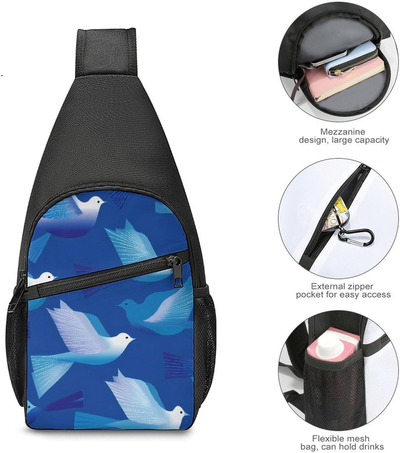 Pigeons Blue Geometry Crossbody Sling Backpack Chest Bag Daypack | unisex,trendy,with convertible and detachable shoulder strap,side pockets