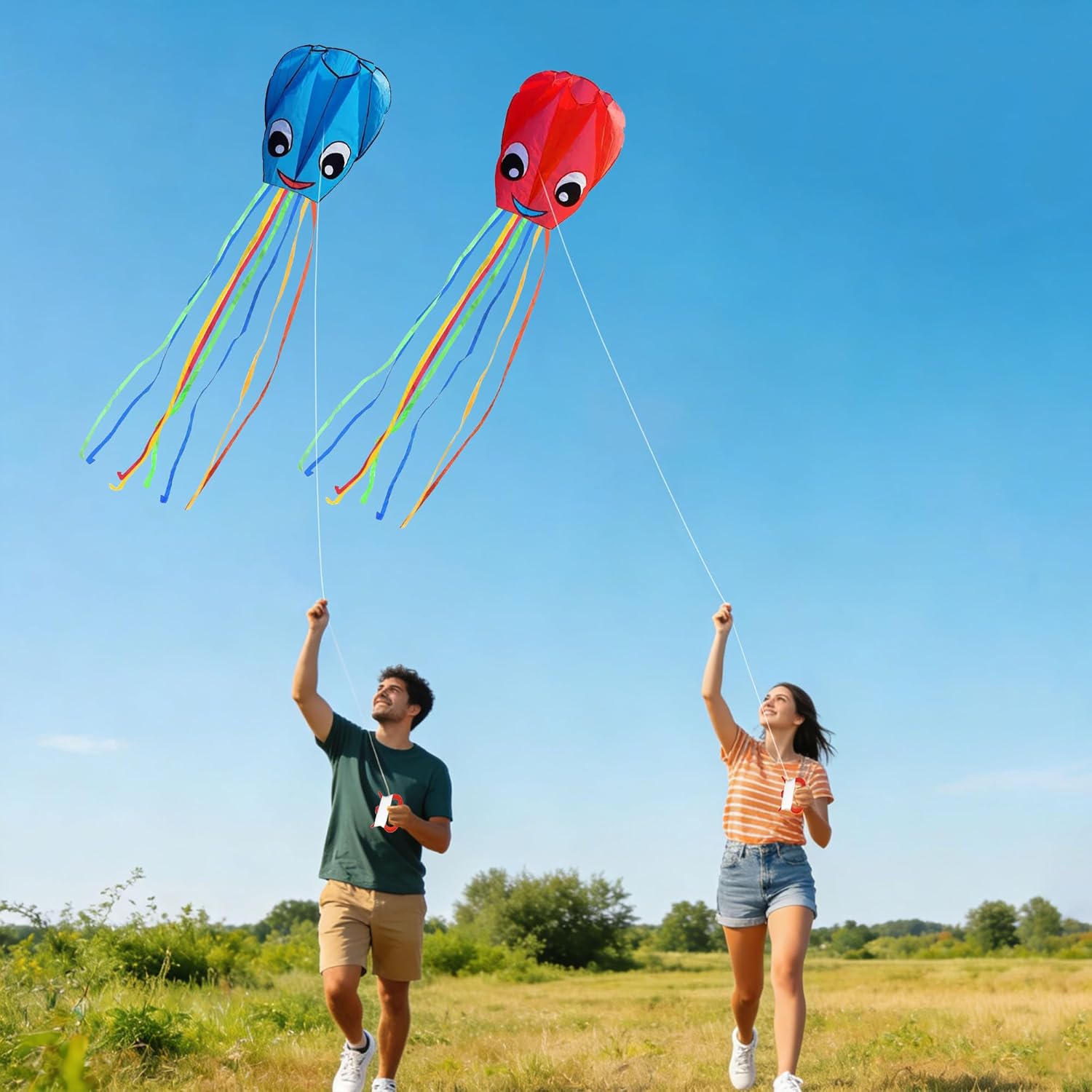 2-Pack New Upgraded Smiley Large Octopus Kites, Easy to Fly Long Colorful Tail Kites for Kids Adults Outdoor Activities Beach Park Trip, Great Gift for Children Childhood Precious Memories