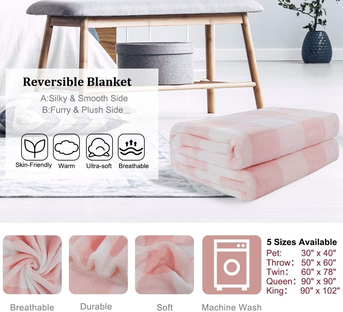 PiccoCasa Plaid Flannel Fleece Throw Blanket, Buffalo Checkered Soft Blankets and Throws, Plush Lightweight Decors Blanket for Couch Sofa Traveling, 50" x 60", Pink and White Tartan