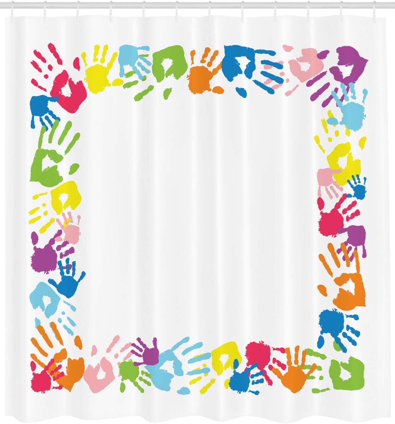 Ambesonne Party Shower Curtain, Happy Themed Frame with Handprints in Rainbow Colors Grunge Display, Cloth Fabric Bathroom Decor Set with Hooks, 69" W x 84" L, White Multicolor