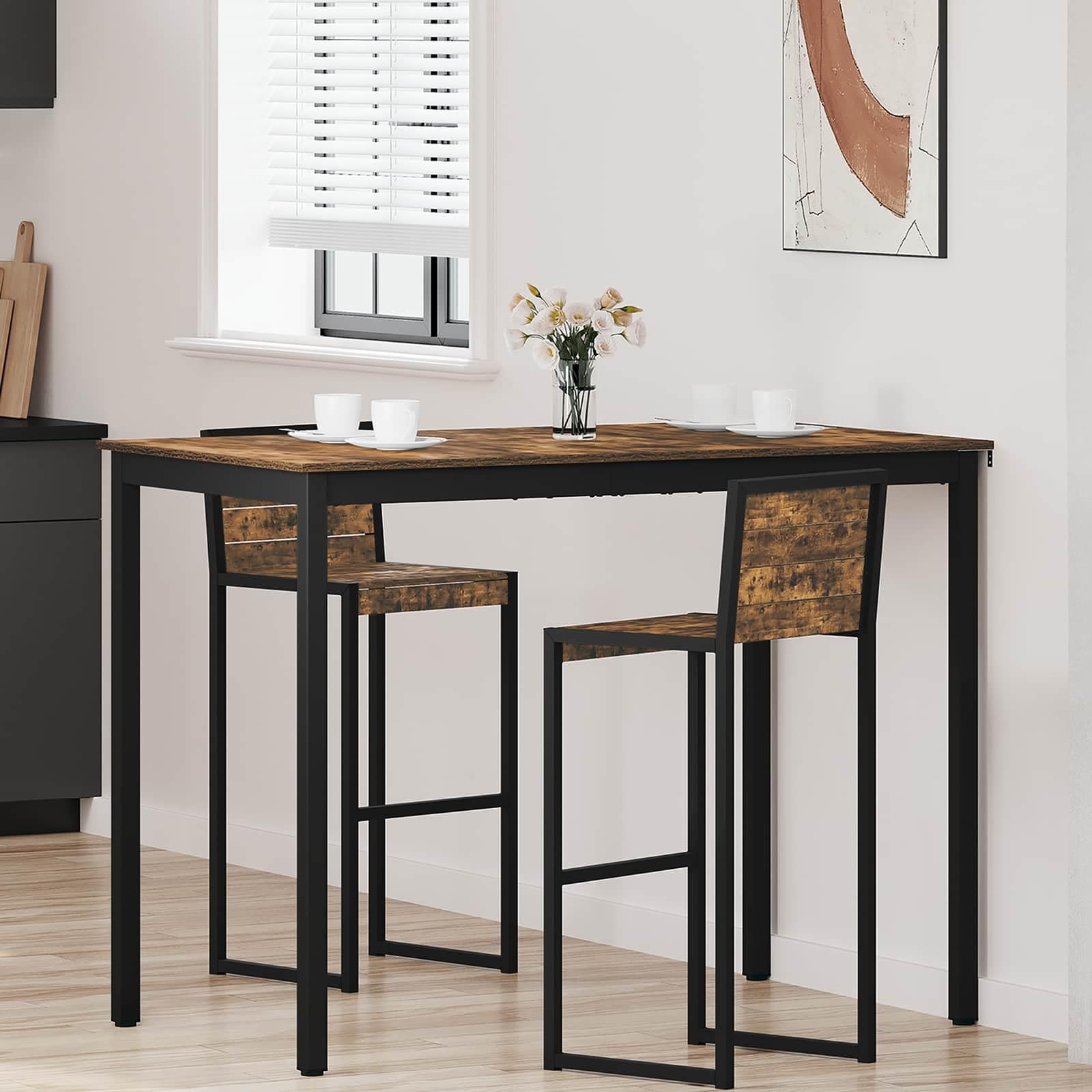 Table à manger haute 140x80 en bois et métal, table de cuisine bistrot
