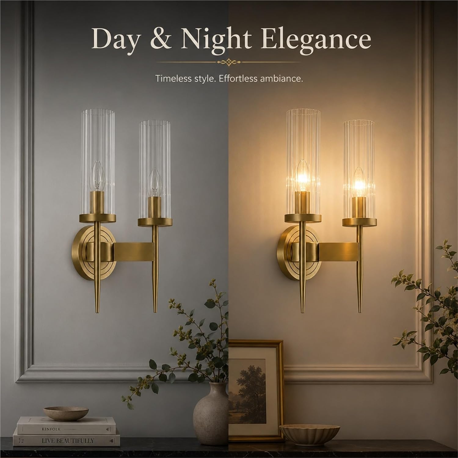 Indoor Wall Light, 15.7" Gold Copper, Ribbed Shade Bedside Glass | Stable Placement Casts Focused Lighting for Bedrooms, Lounges, Hallways and Studies, for Convenient Daily Use