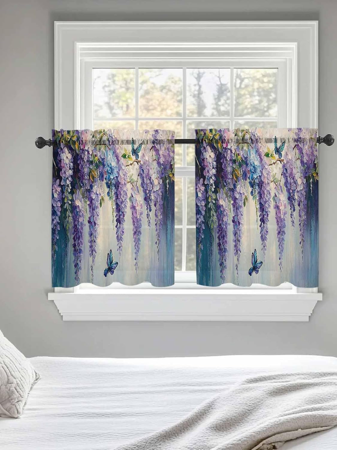 Purple Lavender Sheer Curtains for Bedroom Living Room Window Tier Curtain 24 Inch Length, Butterfly Flower Abstract Brush Artwork Rod Pocket Voile Drapes Kitchen Curtains Small Half Window 2 Panels