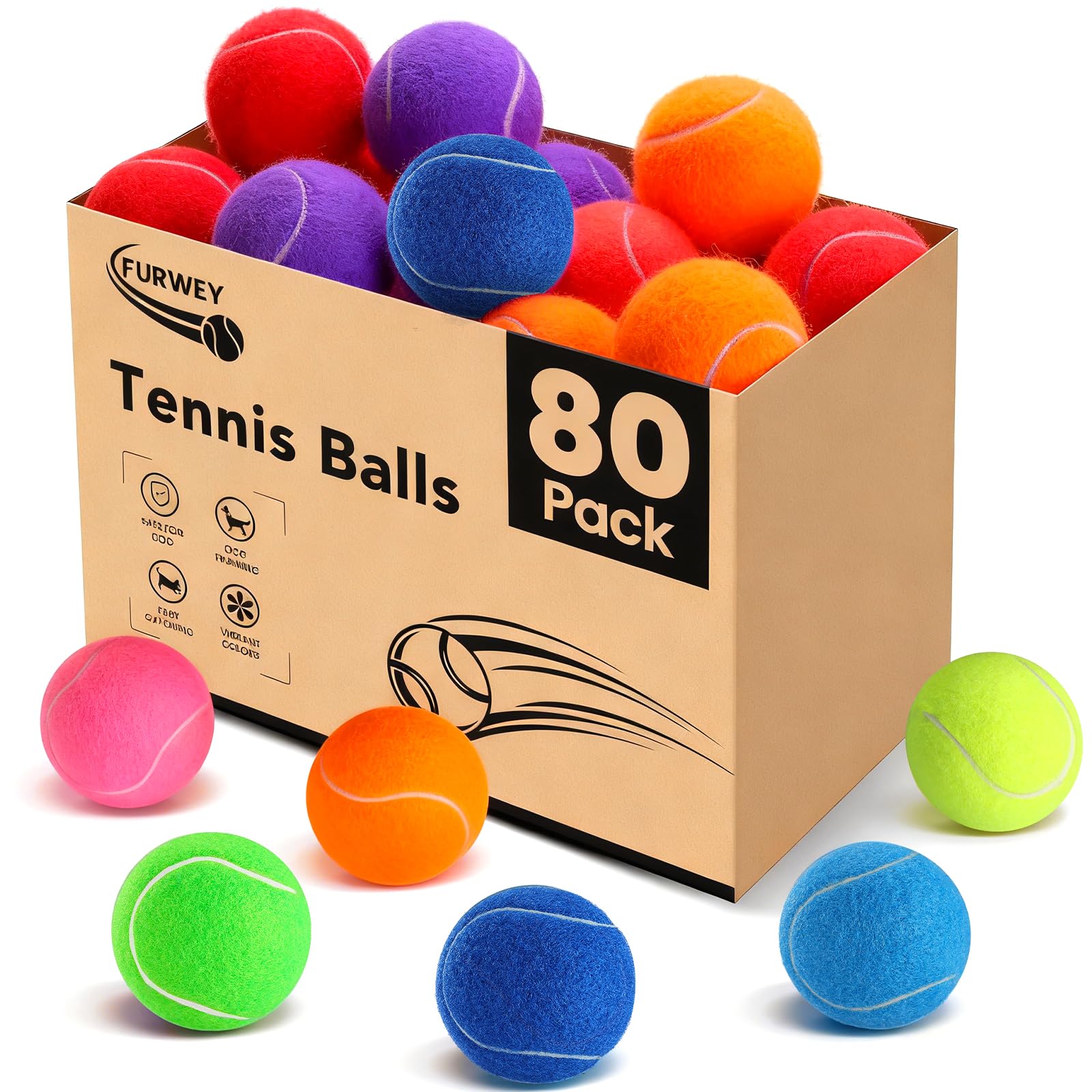 FURWEY Lot de 80 balles de tennis pour chiens, 6,3 cm, durables et non toxiques avec sac en maille, balles colorées pour animaux de compagnie (non couineur)