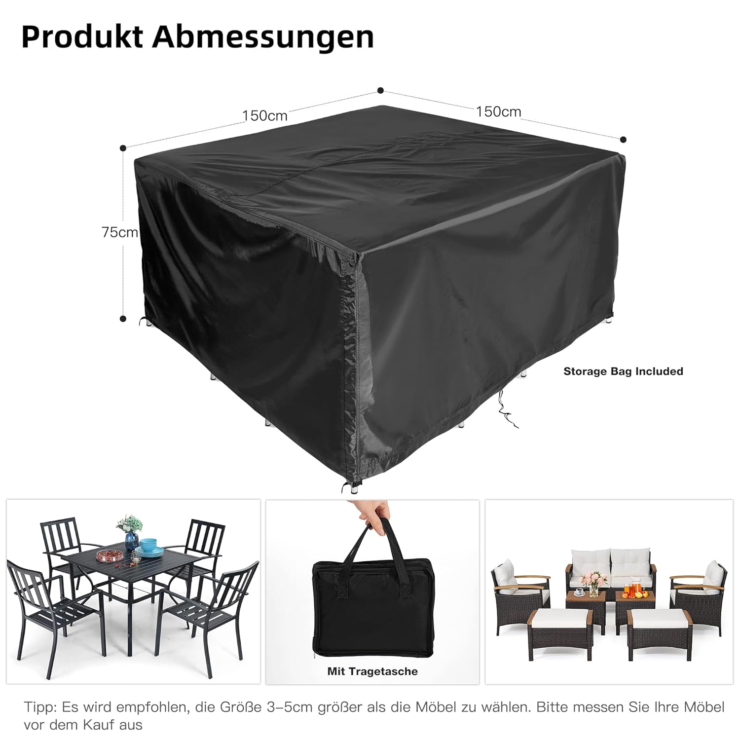 COMLAX FIELD Garden Furniture Covers 150x150x75cm, Outdoor Furniture Covers Waterproof, Large Rectangular Garden Table Cover, Windproof & Dustproof, Anti-UV Patio Furniture Cover - Image 2