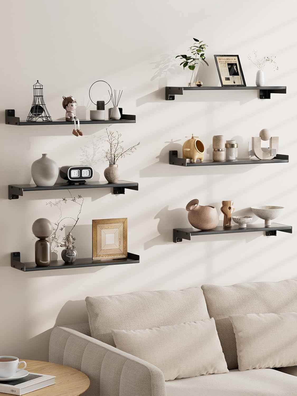 Floating Shelves for Wall, Shelves for Decor Storage Set of 6, Wall Mounted Wood Shelf for Bedroom, Living Room, Bathroom, Kitchen,Long Picture Ledge Shelves.(Black)