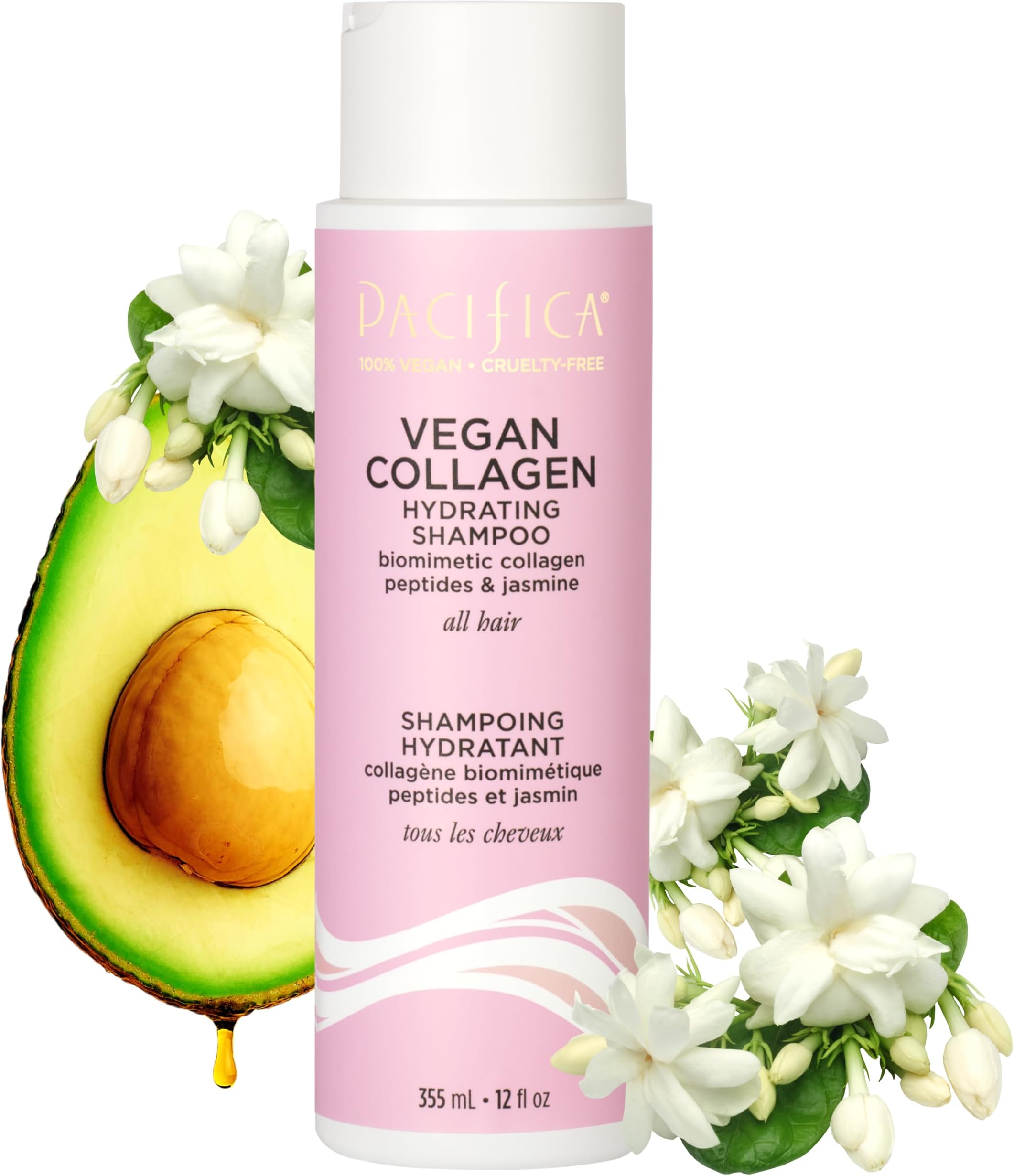 Pacifica Beauty, Vegan Collagen Hydrating Shampoo, Avocado Oil, Vitamin B5, Soften, Restore Shine, Address Split Ends, For Dry & Damaged Hair, Add Shine, Moisture, Sulfate & Silicone Free, Vegan
