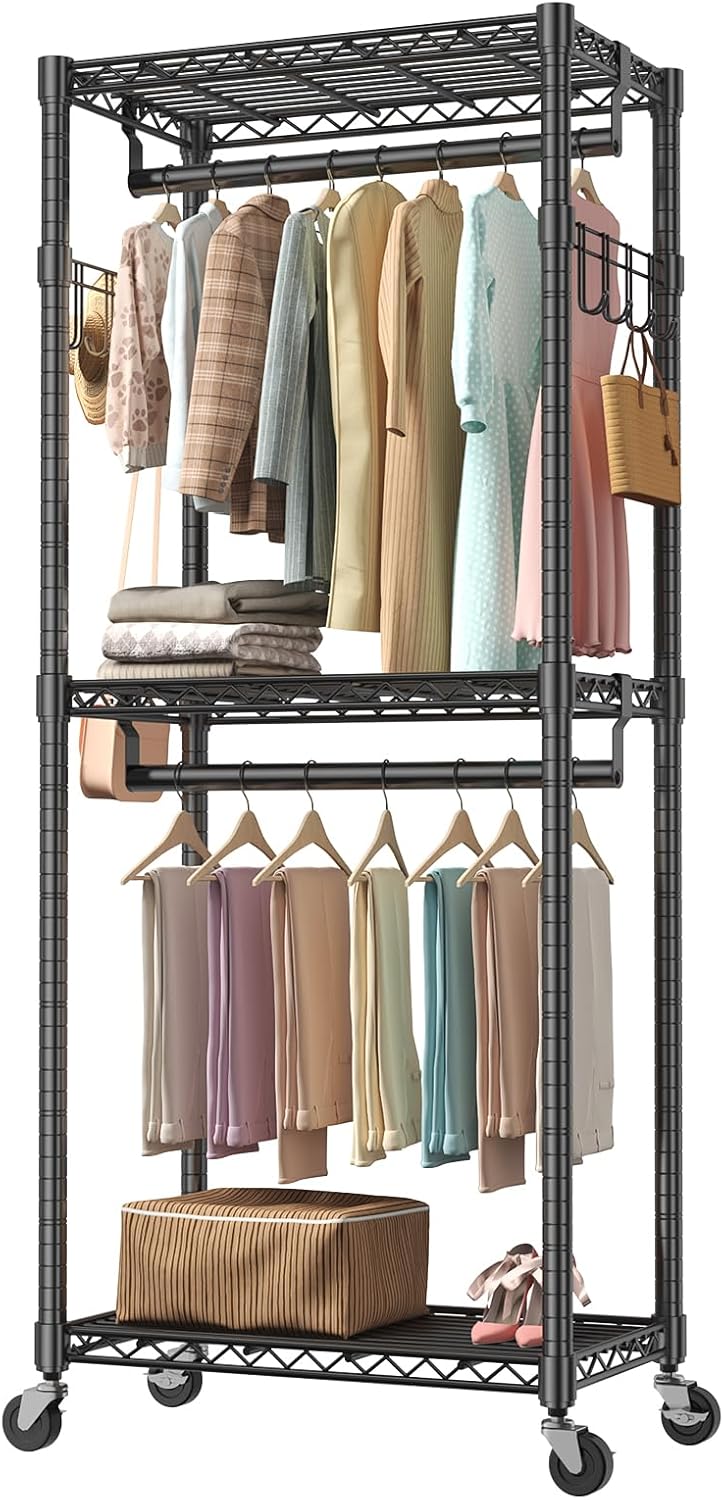 DUMOS Portable Closet, Rolling Clothes Rack, 29" x 15" x 75" Wardrobe Closet with Adjustable Shelves, Metal Garment Rack with Lockable Wheel, for Cloakroom, Bedroom Storage, Laundry Room, Black