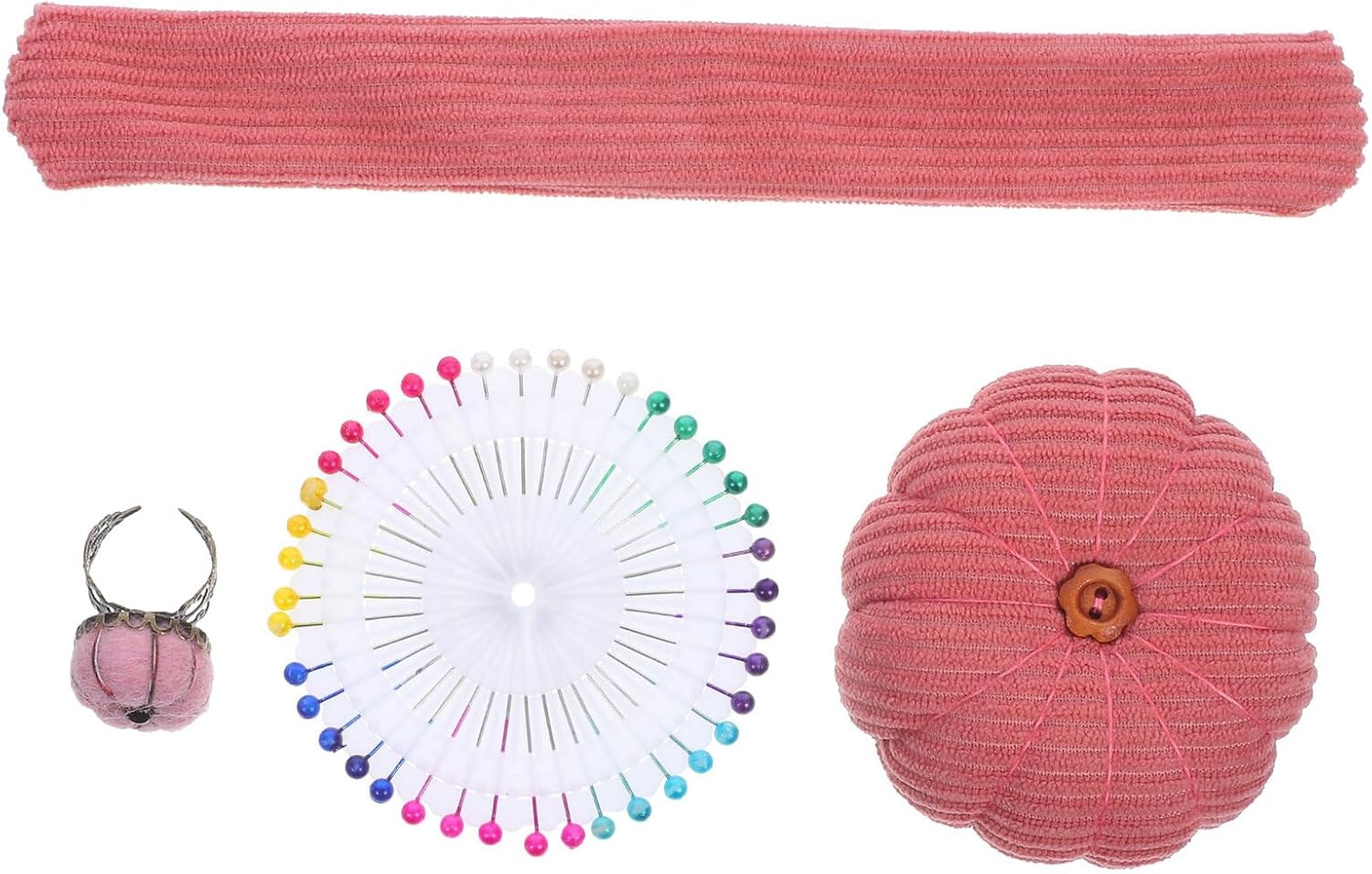 VINTORKY Wrist Pin Cushion Set with Pumpkin-Shaped and Finger Ring Pincushions, Pink Corduroy Fabric Sewing Needle Holder for Quilting and DIY Crafts